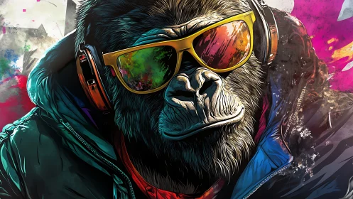 Urban neon gorilla with reflective shades and headphones.