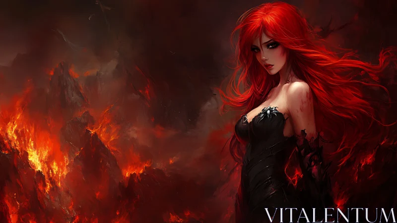Fiery sorceress stands amid erupting volcanic inferno.
