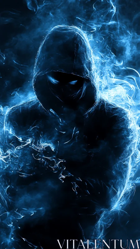 Hooded phantom forged from electric blue spectral smoke.