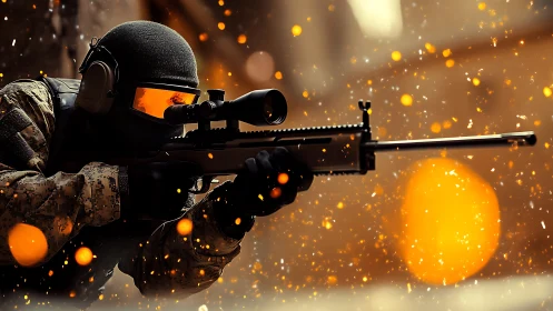 Tactical Sniper Taking Aim with Orange Bokeh Effects