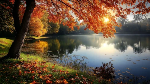 Autumn trees and still lake with sunlight reflection view.