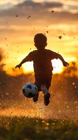 Child kicks soccer ball through wet grass at sunset