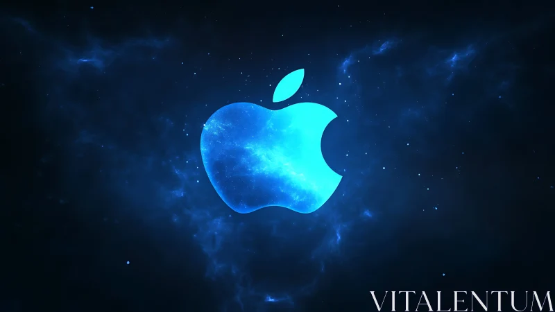 Glowing blue apple emblem floats in a deep cosmic nebula