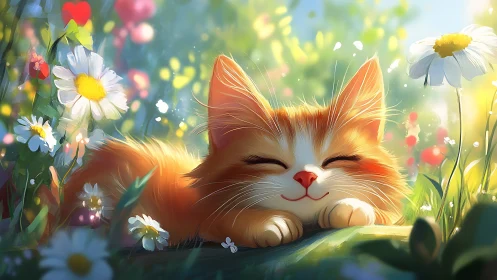 Orange and white cat resting contentedly in sunlit wildflower field