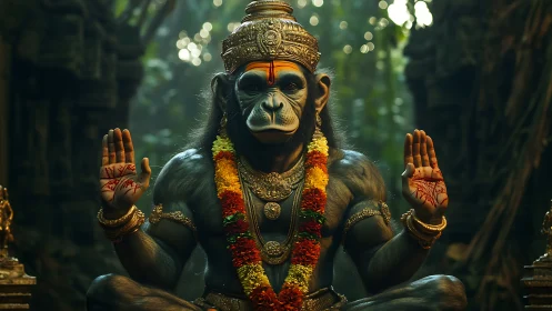 Divine simian deity meditates in lush jungle temple shrine