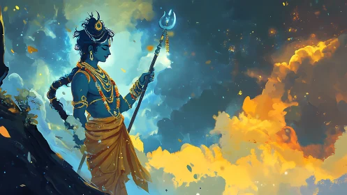 Blue-skinned deity with staff against glowing storm clouds.