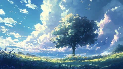 Solitary meadow tree dreaming beneath an ocean of wandering clouds.