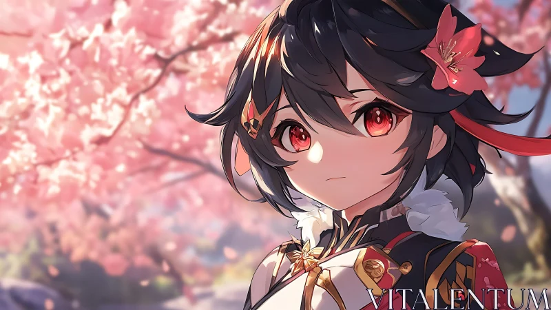 Red-eyed warrior girl stands beneath soft cherry blossoms.