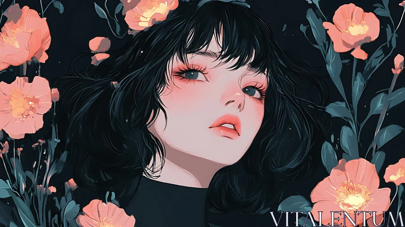 Moody girl portrait framed by glowing coral flowers.