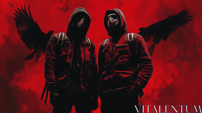 Hooded vigilantes with raven wings in red urban inferno.