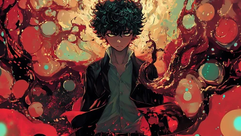 Curly haired anime boy stands amid swirling molten shapes