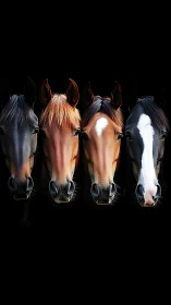 Four horse portraits with dramatic low key studio lighting.