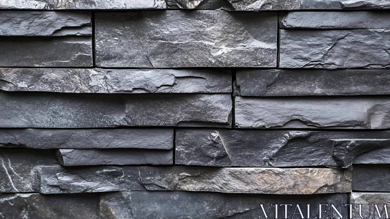 Modern stacked slate stone wall with dark textured finish.