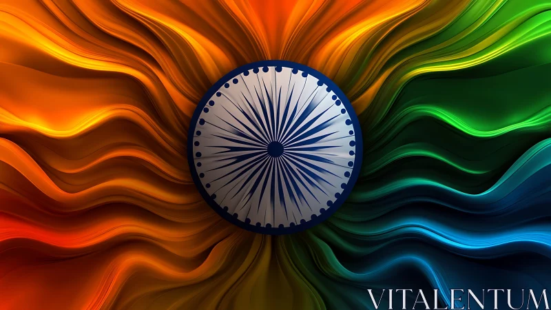Radial Ashoka Chakra symbol overlays tricolor fluid waves