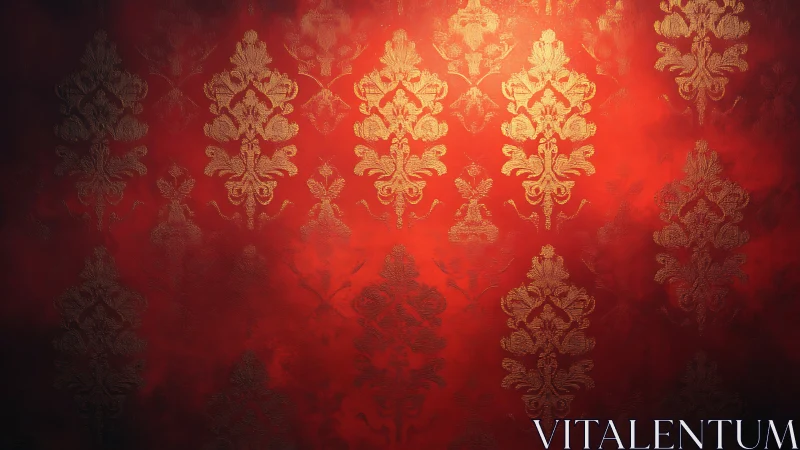 Regal red damask glow with gilded baroque flourishes.