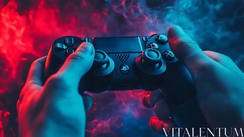 Gaming controller glows under neon red and blue smoke.