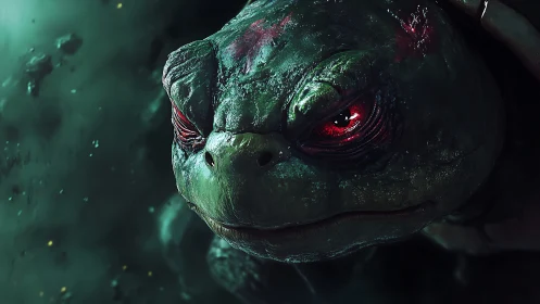 Cosmic war-tortoise drifts through nebulae with burning eyes