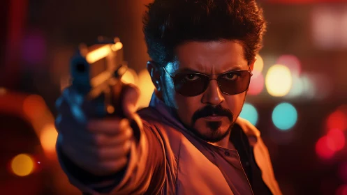 Man in sunglasses aiming handgun in neon city setting.