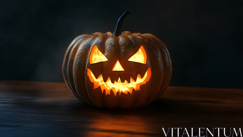 Glowing carved jack o lantern on dark wooden table.