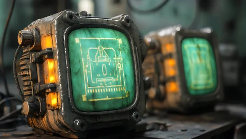 Retro-futurist monitors glow like relics from a forgotten lab.