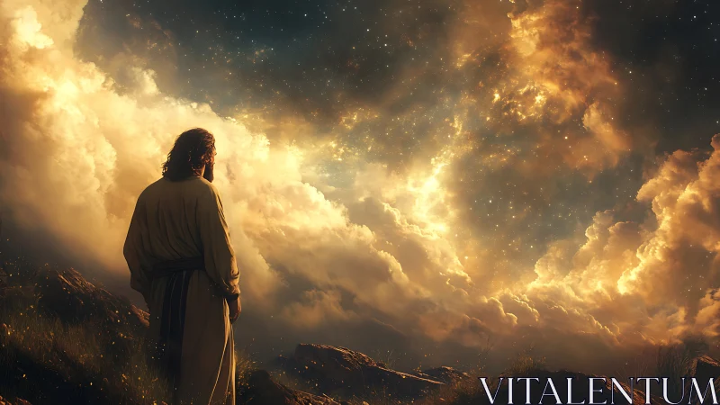 Figure in robe observing illuminated clouded night sky.