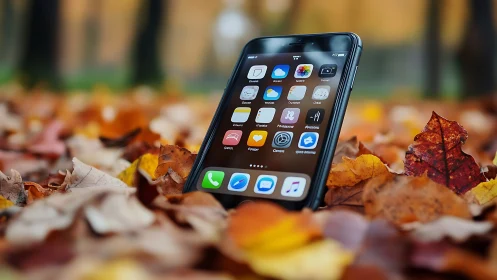 Smartphone with iOS interface positioned in autumn foliage scene displaying application icons