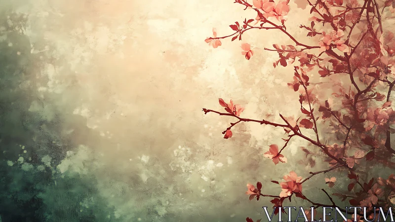 Spring Branches with Pink Blossoms Against Misty Atmospheric Background