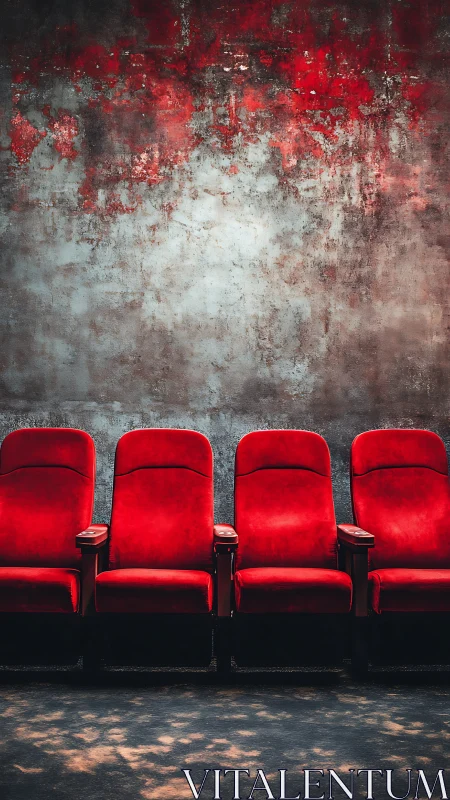 Four red theater seats stand against distressed textured wall