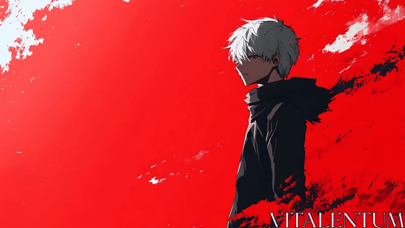 Side-lit white-haired figure in stark red negative space field.