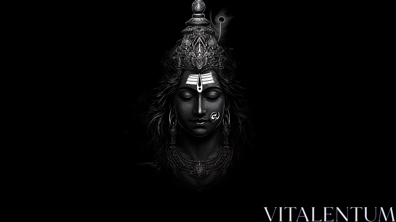 Monochrome divine visage with intricate noir ornamentation.