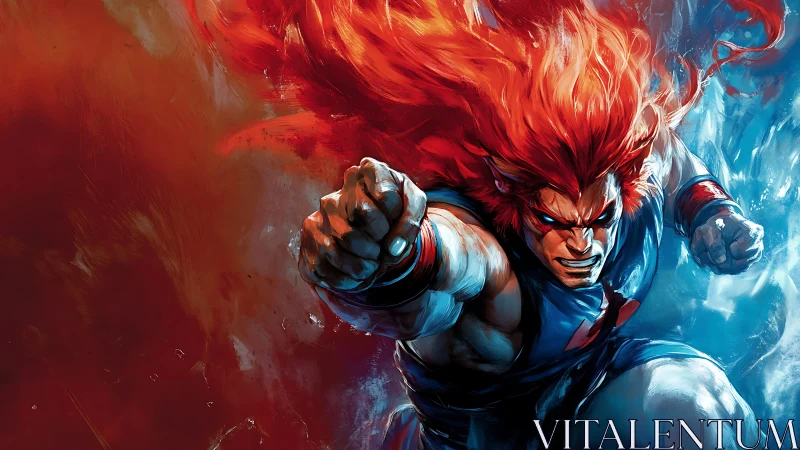 Kinetic red‑haired warrior punching through dual chromatic vortex.