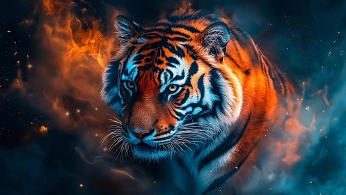 Fire-and-ice tiger stalks through ember-bright midnight haze.