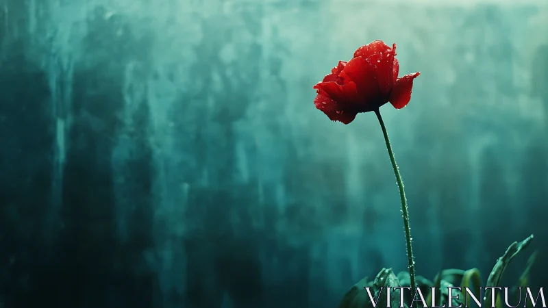 Solitary red tulip rises against cool teal background.