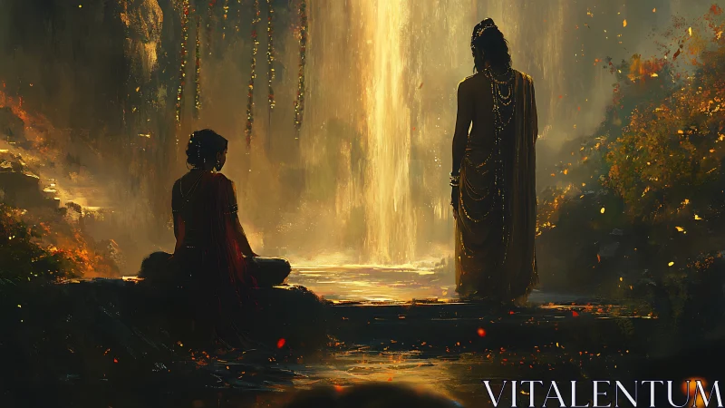 Two robed figures at luminous waterfall in twilight forest