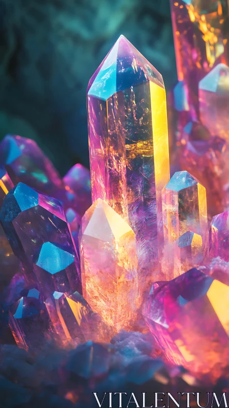 Prismatic crystal spires quietly ignite an underground sunrise