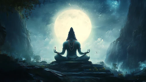 Divine yogi meditates before luminous full moon peak