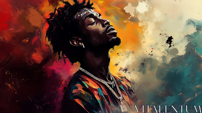 Digital portrait of man with jewelry on abstract backdrop.