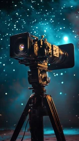 Cinematic camera on tripod captures glowing night sky.