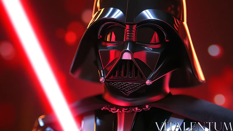 Dark-helmeted warrior stands in glowing red light with saber