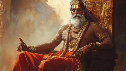 Digital painting of regal sage on ornate golden throne in palace.