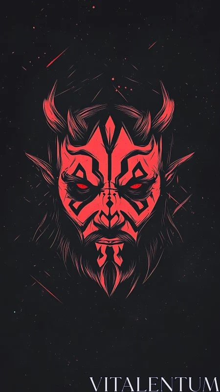 Symmetrical red demonic mask illustration on dark field.