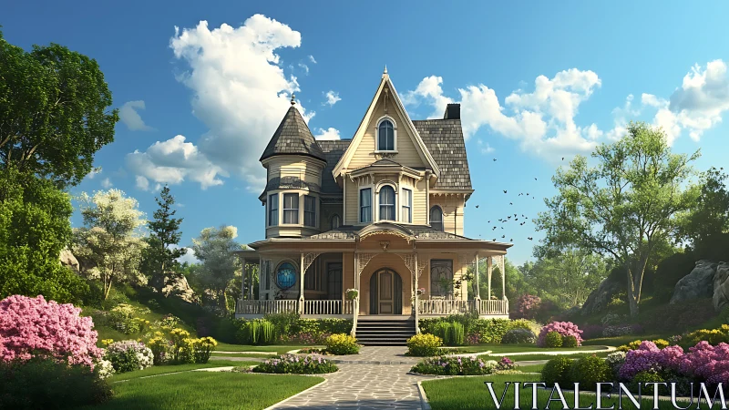 Victorian villa with ornate porch in lush spring garden.