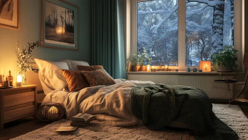 Cozy bedroom interior overlooks snowy forest through window