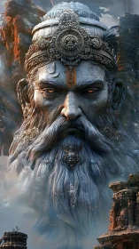 Colossal stone deity head dominates misty ancient cliffs.