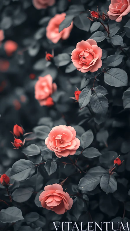Coral Roses Bloom Against Slate Darkness.