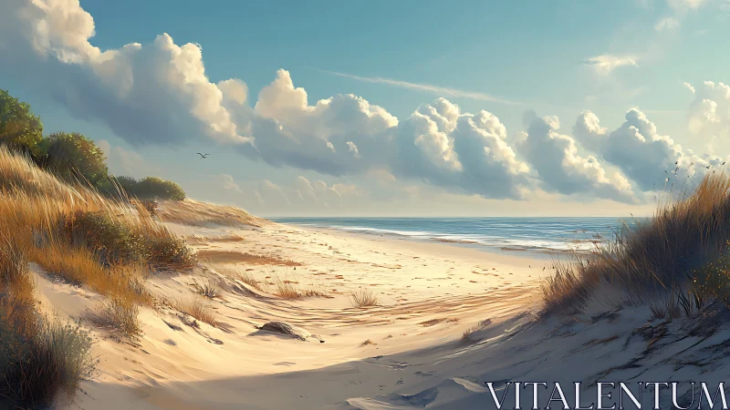 Sunlit coastal dunes open onto a calm, cloudlit shoreline