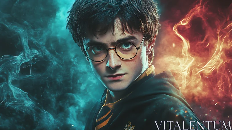 Young wizard portrait framed by teal smoke and fire glow.