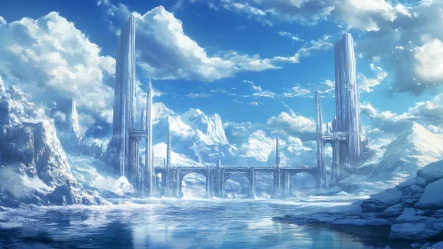 Icebound citadel with monumental bridges in arctic expanse.
