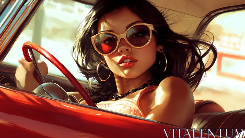 Stylized woman in sunlit vintage car rendered in digital realism