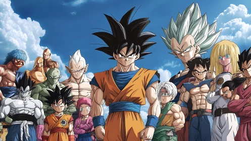 Group portrait of determined anime warriors under sky.